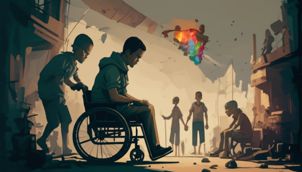 Symbolic image of intertwined figures representing poverty and disability in a developing nation.