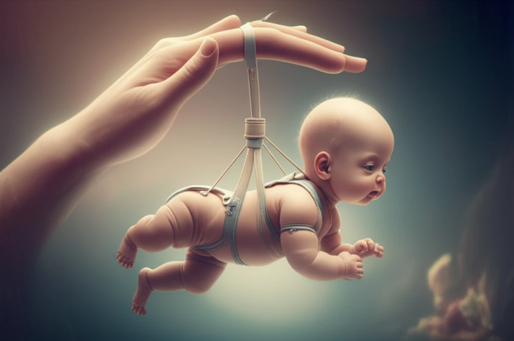 Illustration of an infant in a Pavlik harness, representing hip dysplasia treatment.