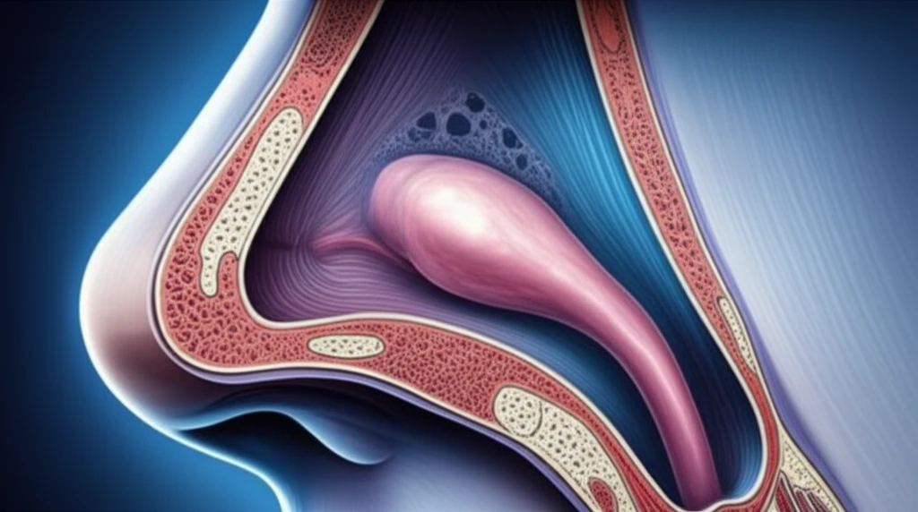 Illustration of a nasal passage with a sphenochoanal polyp.