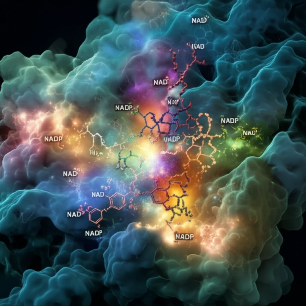 Enzymes transforming molecules with glowing coenzymes.