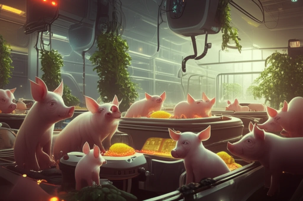 Futuristic pig farm with glowing food, symbolizing progress and sustainability