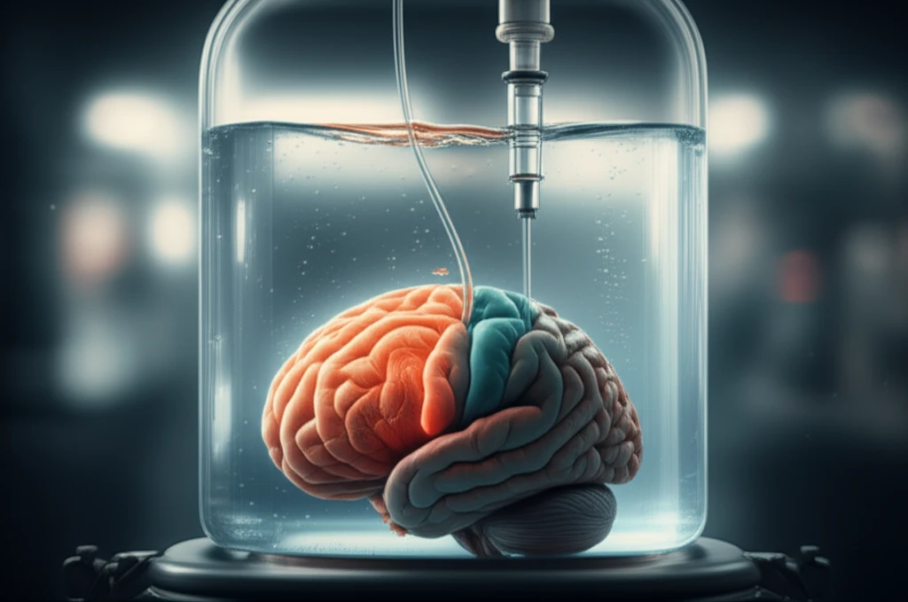 Brain submerged in fluid with intravenous tubing