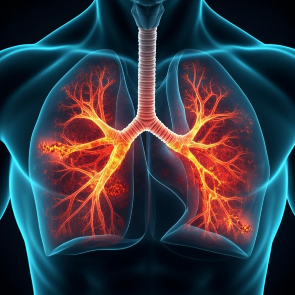 Illustration of lungs with glowing embers, symbolizing dormant TB within scar tissue.