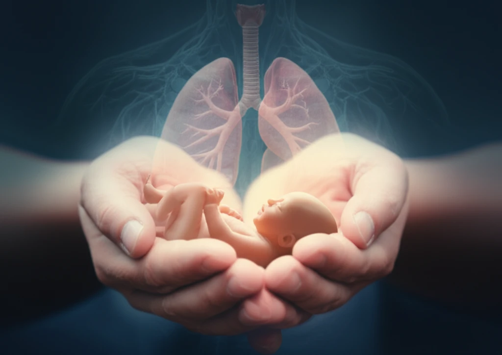 A newborn infant is cradled by protective hands, symbolizing hope and health, representing neonatal respiratory distress syndrome research in Southern China.