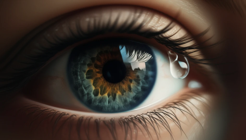 Hydrogel eye drop adhering to eye.