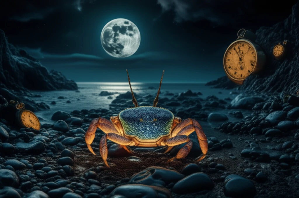 Bioluminescent crab on an intertidal beach with clock symbols.