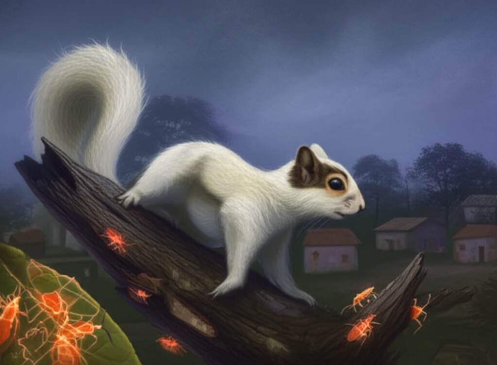 White-naped squirrel and triatomine insects in a rural Ecuadorian landscape, symbolizing the Chagas disease transmission cycle.