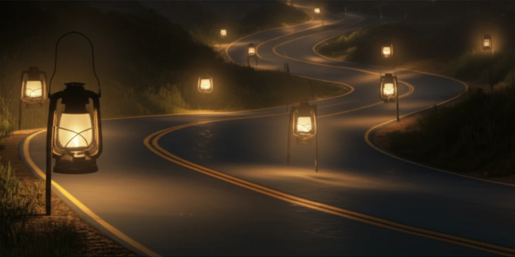 A winding road representing medical school, with lanterns symbolizing student motivation.