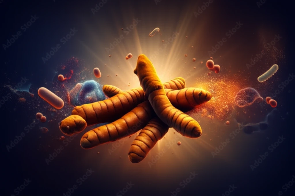 Turmeric root radiating light, symbolizing antibacterial power.