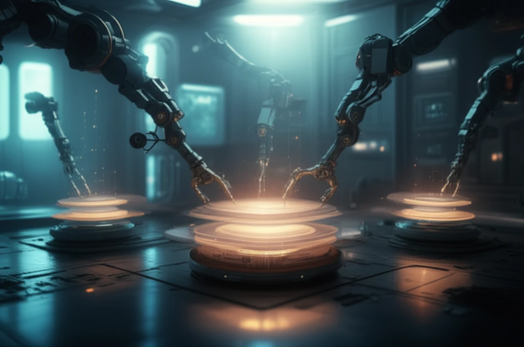 Futuristic lab assembling multi-layered tissue models using robotic arms.