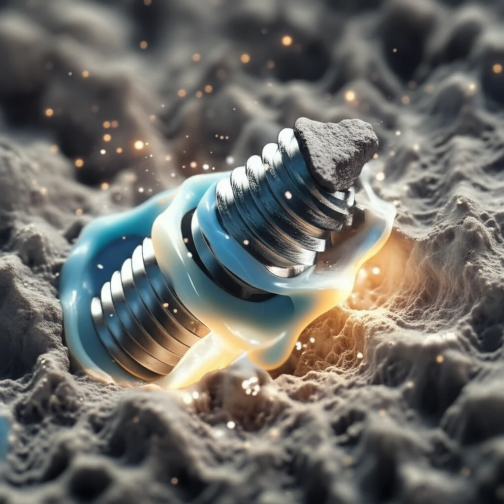 Microscopic view of sandblasted titanium dental implant surface with porcelain bonding.