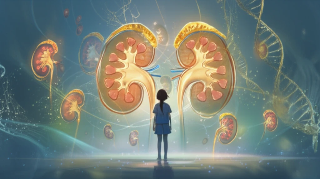 A child surrounded by glowing kidney shapes and DNA strands, symbolizing hope in Wilms tumor research.