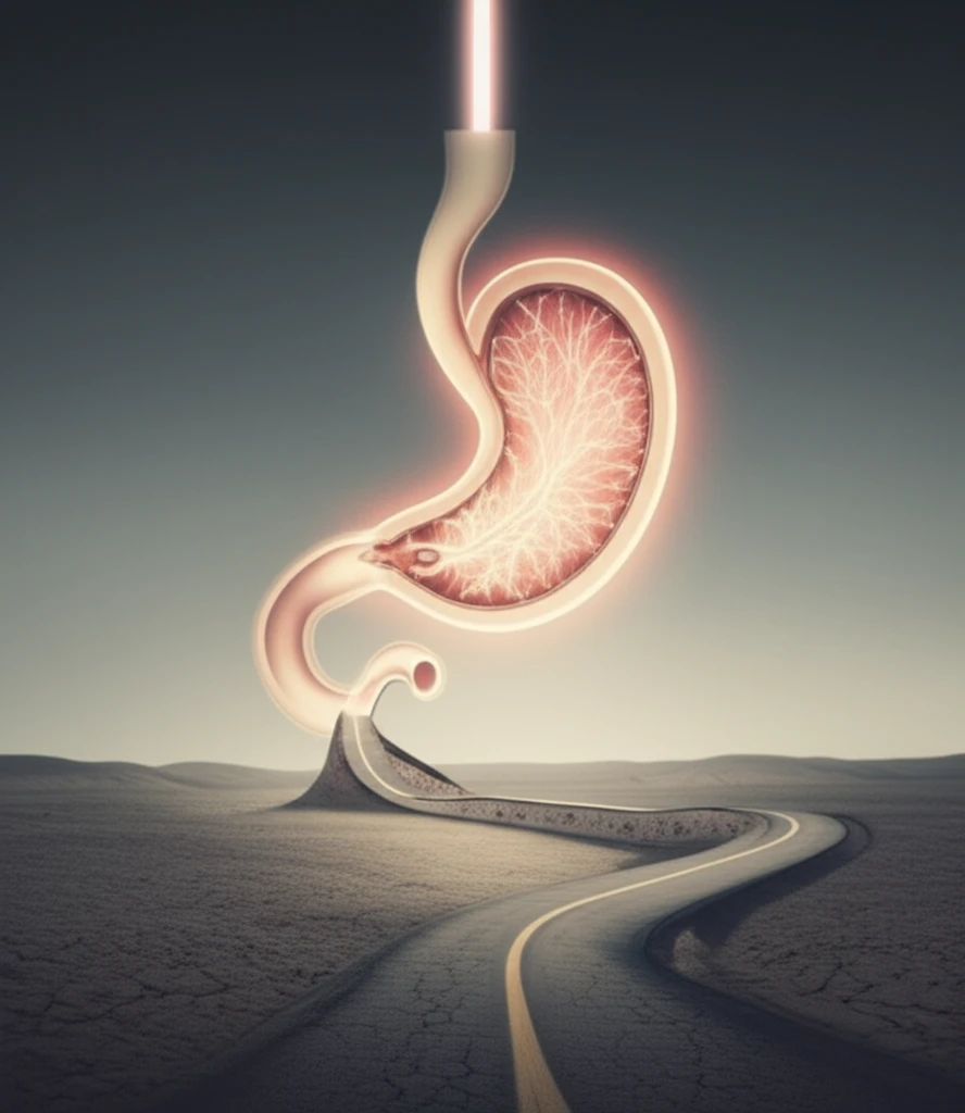 Surreal illustration of a path to esophageal and gastric cancer treatment.
