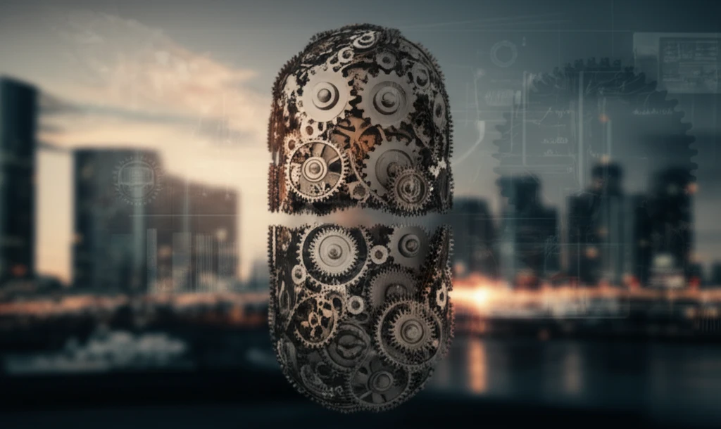 Interconnected gears forming a pill capsule symbolize drug formulation and bioequivalence.