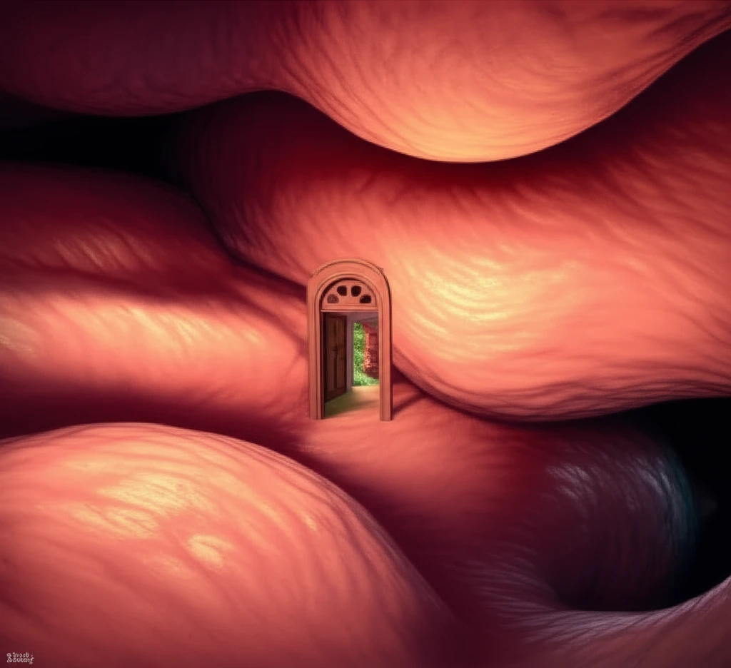 Digital illustration of a small doorway within the esophagus, symbolizing a hiatal hernia.