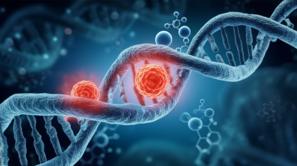 DNA strand intertwining with colon cancer cell, representing genetic analysis in cancer treatment.