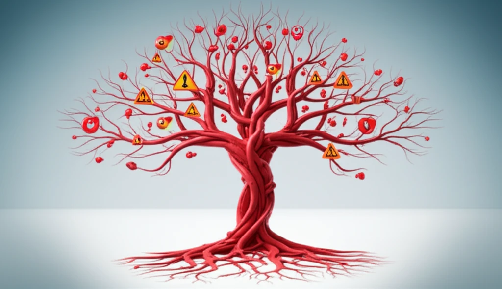 Family tree intertwined with cardiovascular symbols, representing the link between family history and heart health.