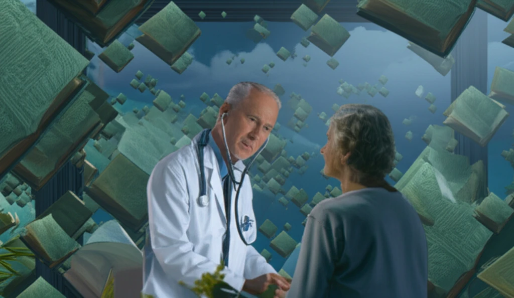 A doctor listening to a patient with books and art floating around them.