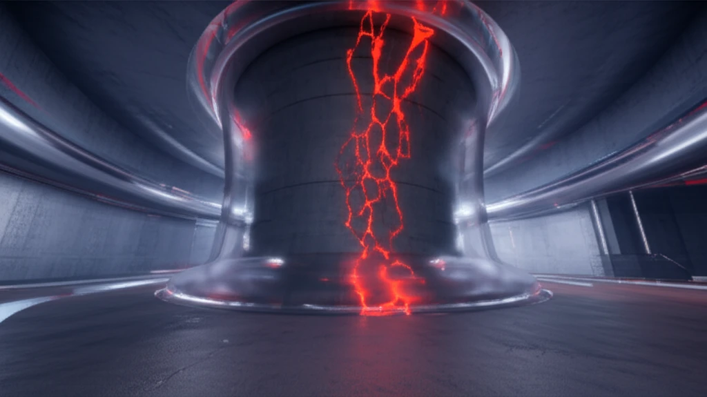 Glowing cracks in heat-stressed concrete structure, protected by a shimmering barrier.