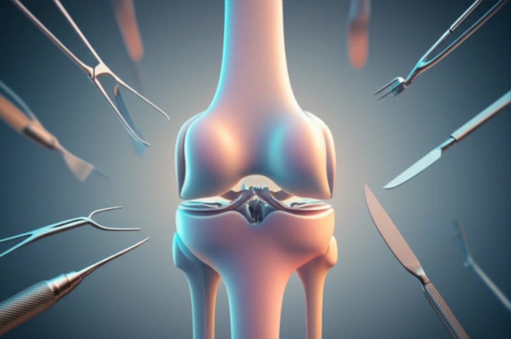 Stylized digital illustration of adolescent hip joint with surgical instruments.
