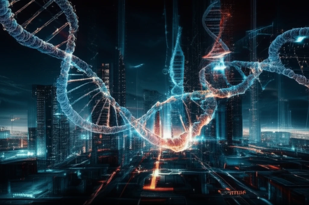 DNA strand merging with futuristic cityscape symbolizing precision oncology.