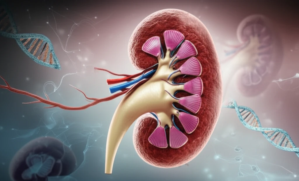 Microscopic view of kidney cancer cells with DNA strands, symbolizing genomic research.