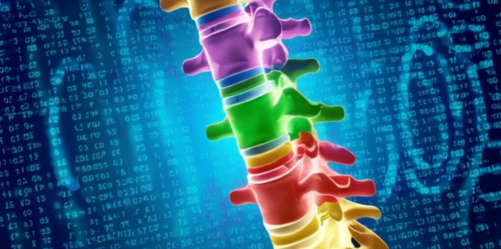 Surreal illustration of a spine with glowing intervertebral discs, symbolizing gene expression in disc degeneration research.