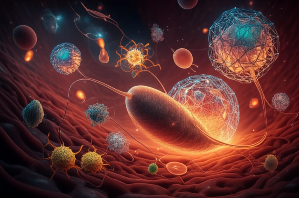 Microscopic view of Fasciola gigantica interacting with a buffalo's bloodstream, symbolizing parasite-host interaction.