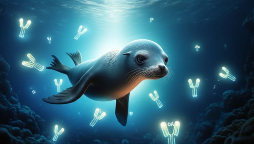 California sea lion pup surrounded by glowing antibodies