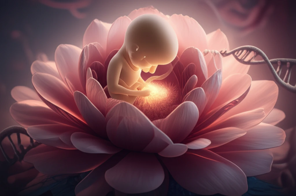 Glowing embryo nestled within a blooming flower, symbolizing fertility and new beginnings.
