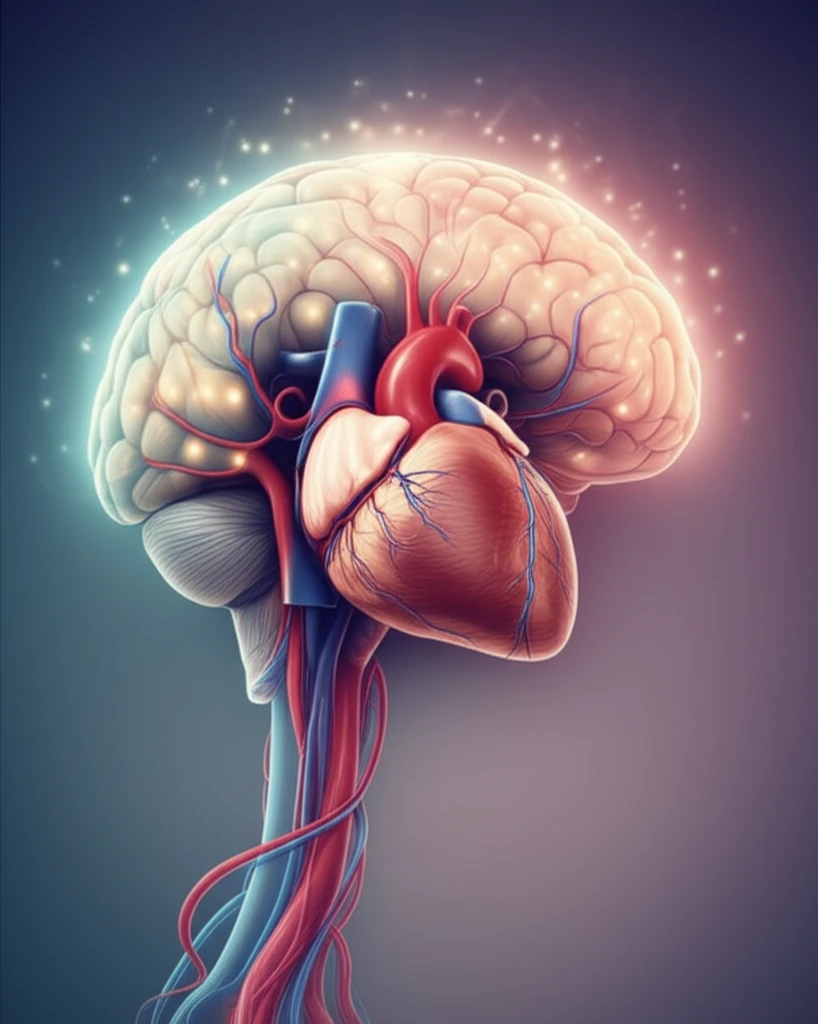 Stylized illustration of brain and heart valve symbolizing the link between heart and brain health.