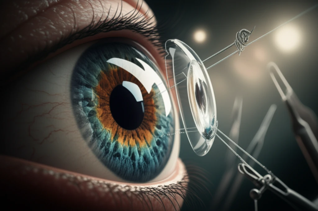 Intraocular lens secured with knotless sutures.