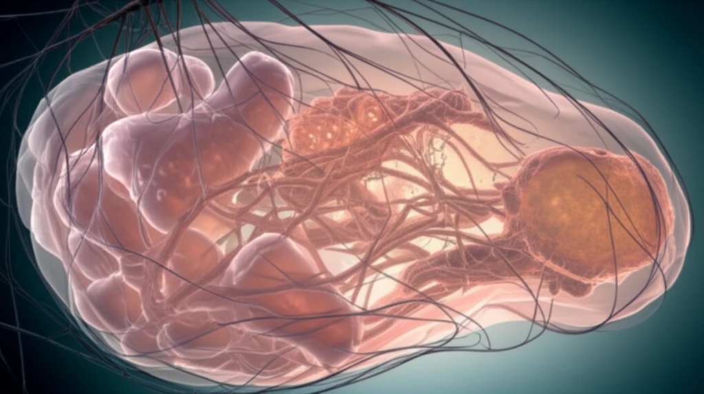 Illustration of interconnected polyps within a translucent gallbladder, highlighting both benign and potentially malignant structures.