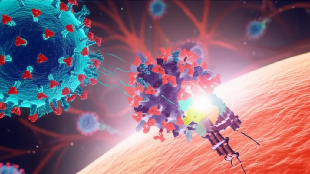 Microscopic view of a measles virus attaching to a human cell, highlighting the H protein.