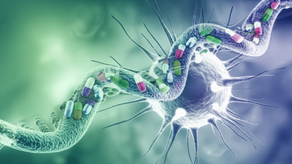 DNA strand intertwined with chemotherapy pills and cancer cell fading