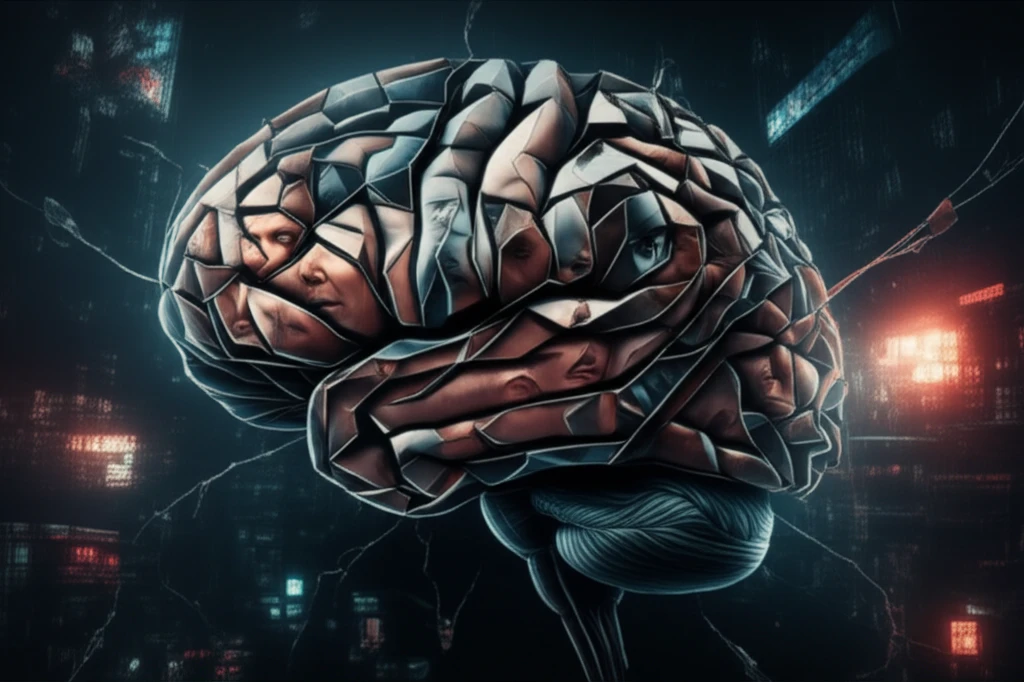Surreal illustration of a fractured brain reflecting distorted faces, symbolizing the complexities of psychopathy and antisocial behavior.
