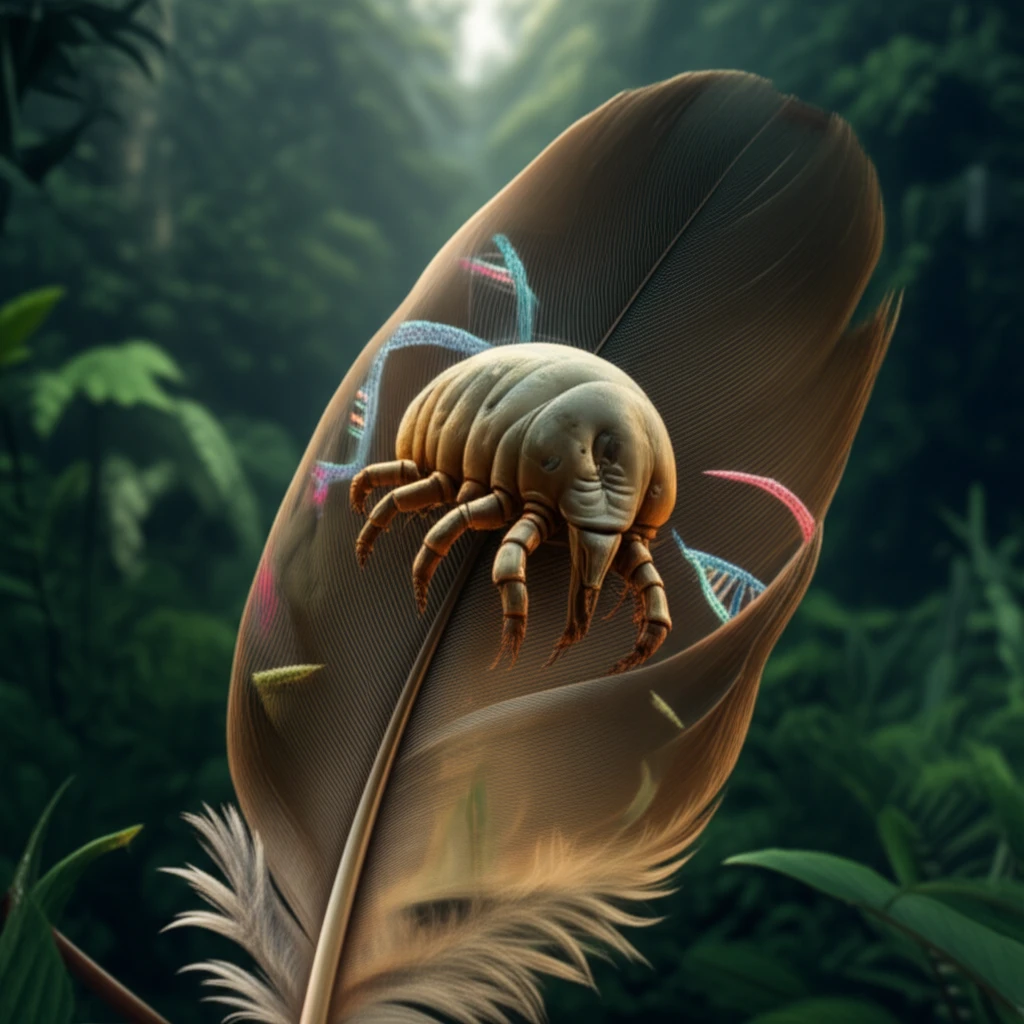 Stylized illustration of a quill mite inside a feather, representing the microscopic world and biodiversity.