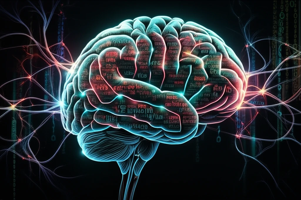 Digital illustration of a brain made of interwoven words representing sentiment analysis.