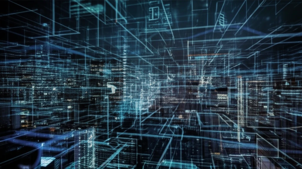 Cityscape overlaid with glowing data streams, representing predictive policing.