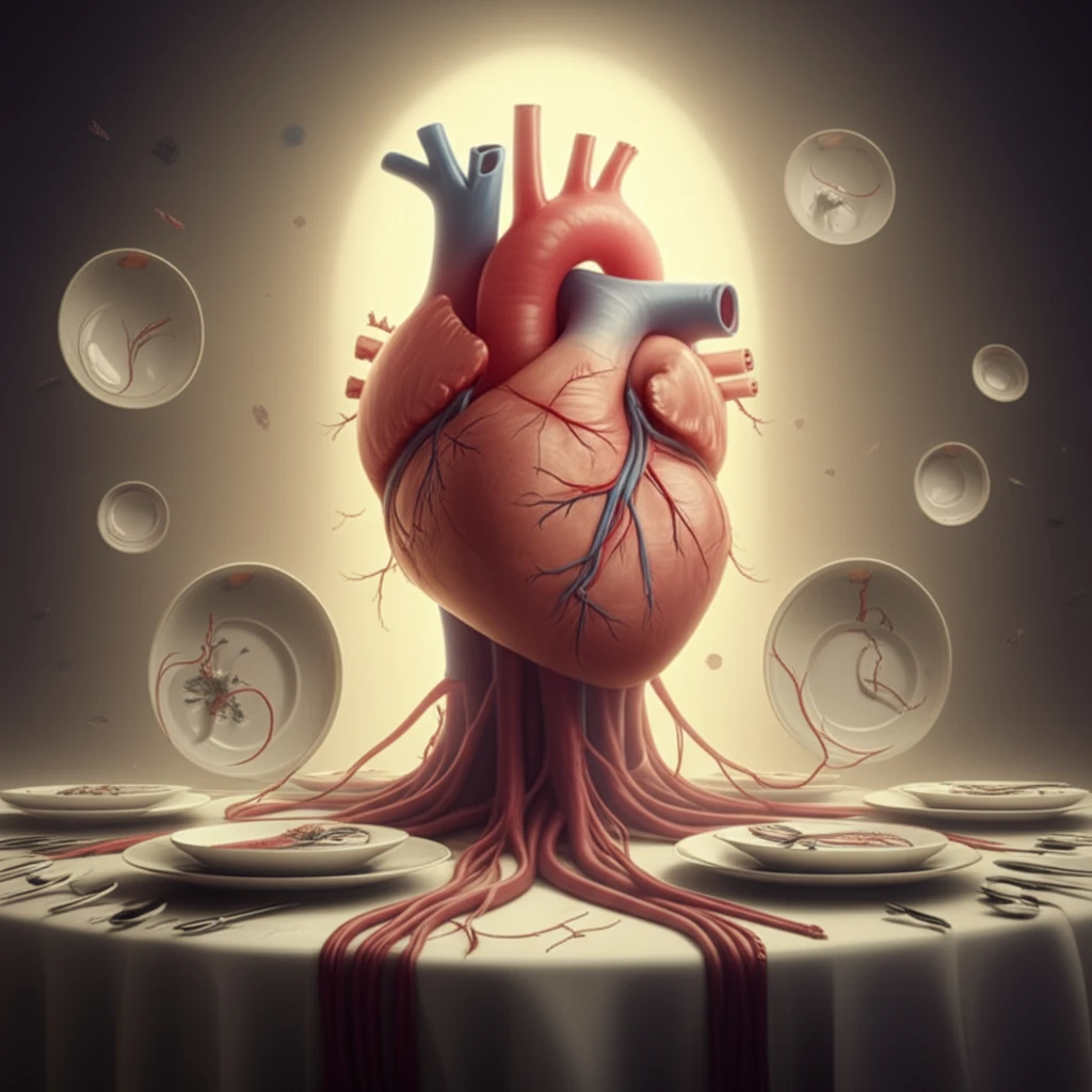 Heart intertwined with dining table setting, symbolizing food allergy reactions.