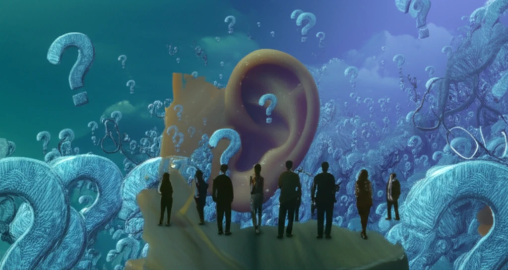 A surreal illustration representing the importance of listening in healthcare, featuring a giant ear and diverse group of people.