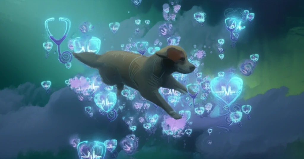 Dog floating peacefully in a dreamlike state, symbolizing safe anesthesia.