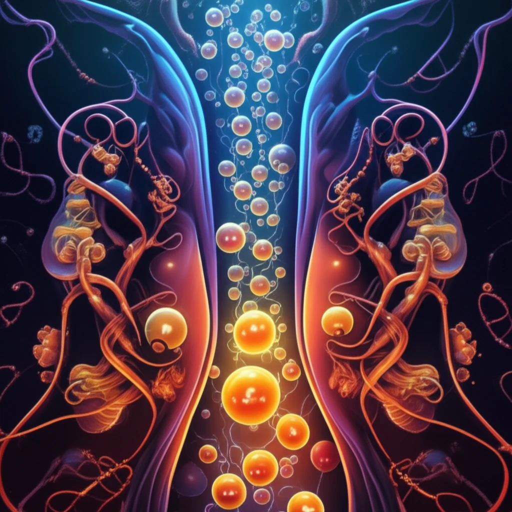 Surreal illustration of calcium ions flowing through a channel with STIM1 and Orai1 proteins.
