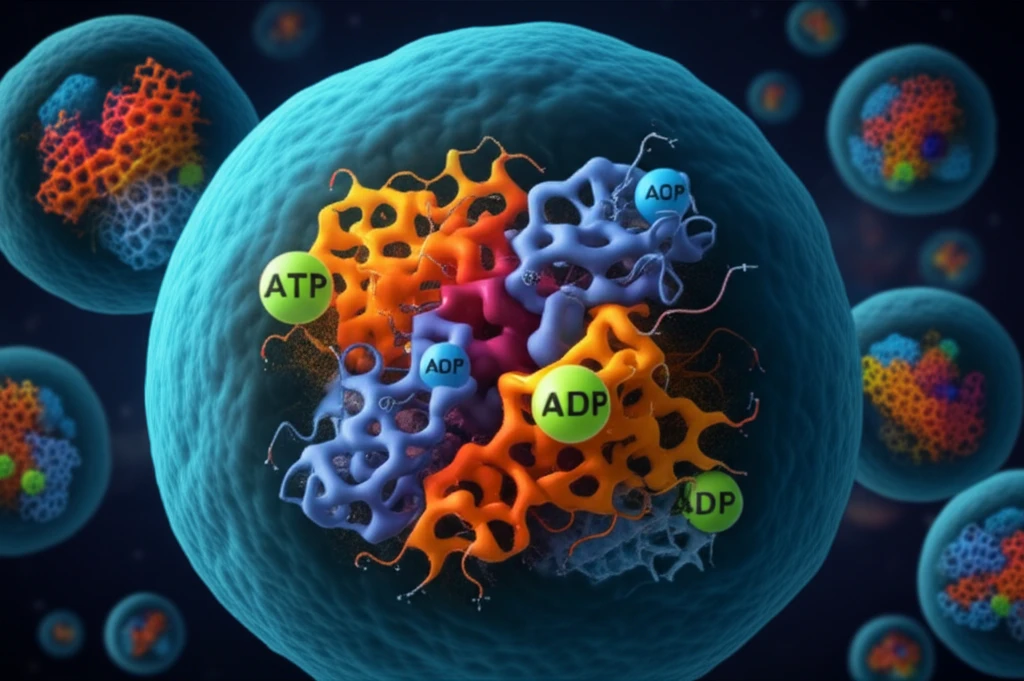 Surreal illustration of Hsp90 molecules within a cell, showing ATP and ADP interactions and their regulatory influence.