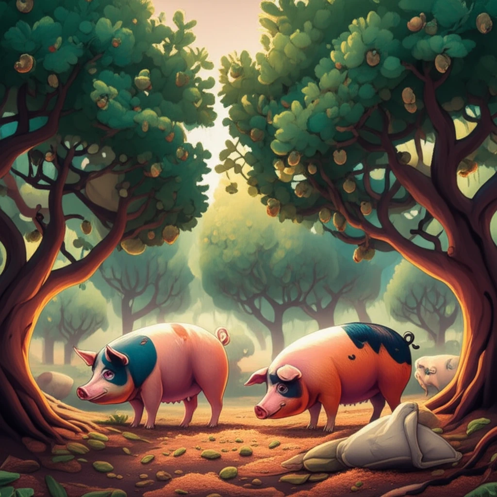 Pigs grazing peacefully in a sustainable cashew orchard, highlighting the use of cashew bagasse bran in modern farming.