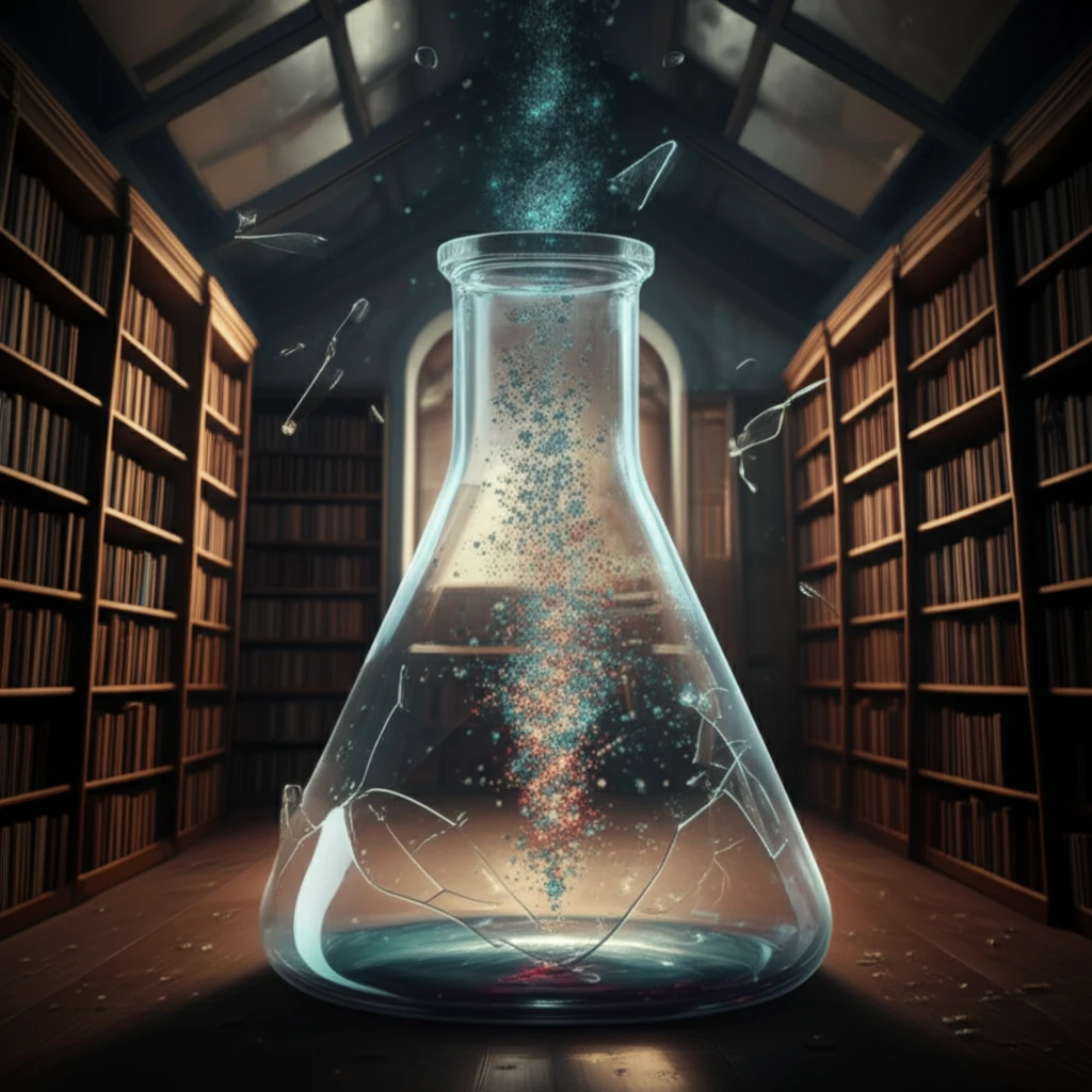 Surreal image of corrupted data escaping a shattered vial, symbolizing research retraction.