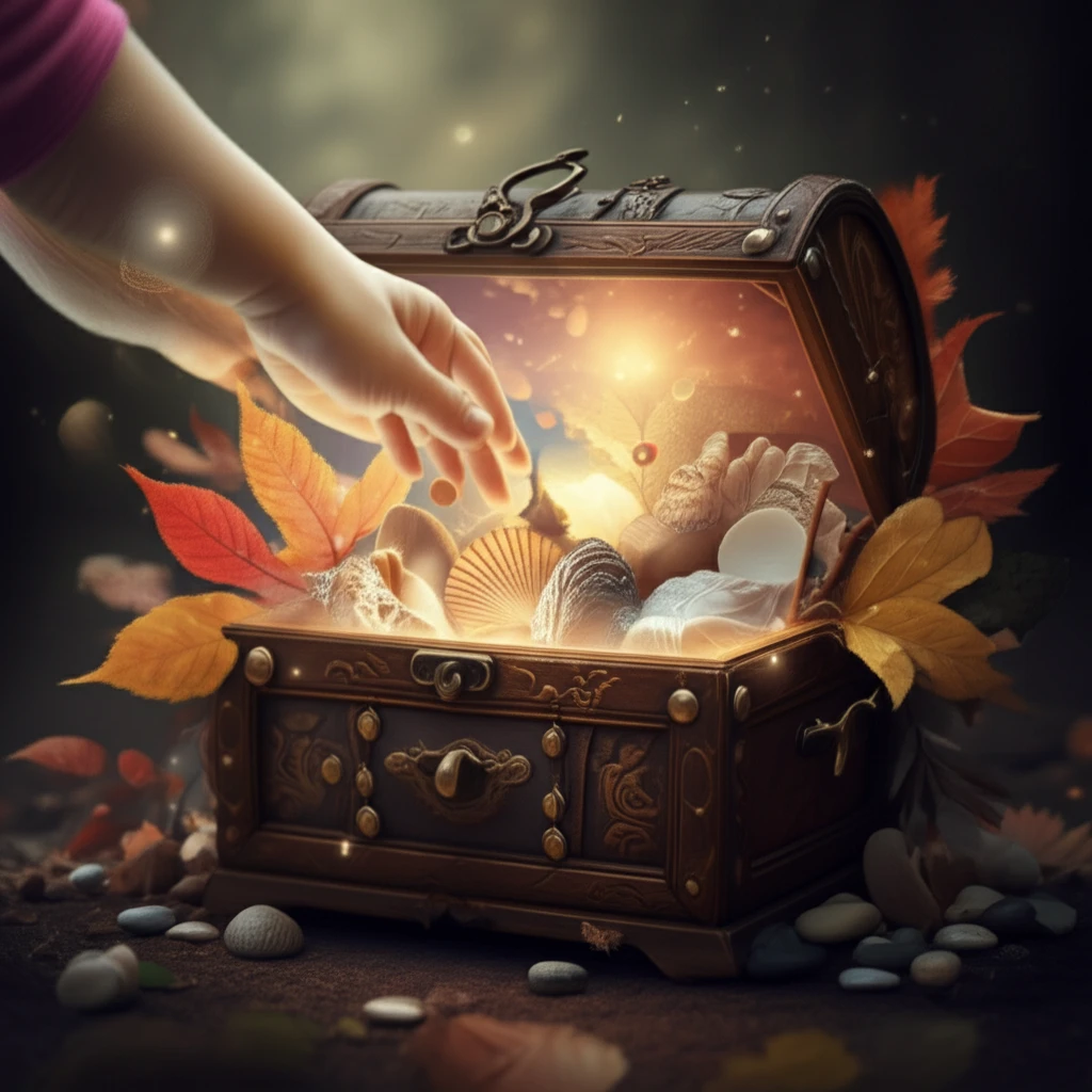 Child reaching into a treasure chest filled with natural objects.