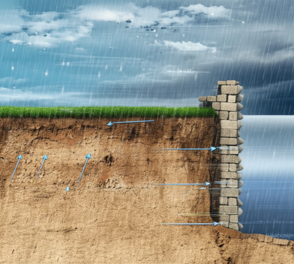 Cross-section of earth retaining wall showcasing soil-atmosphere interaction.