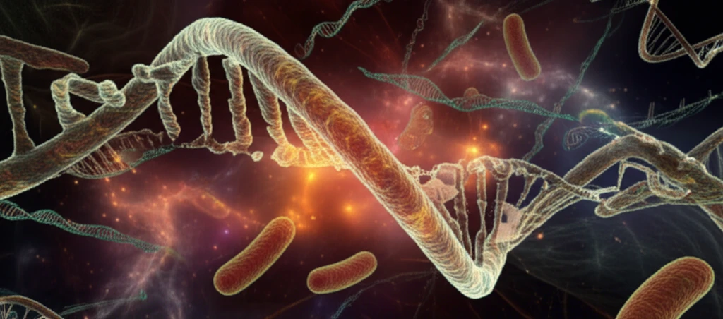 Microscopic bacterial cells intertwined with glowing RNA strands