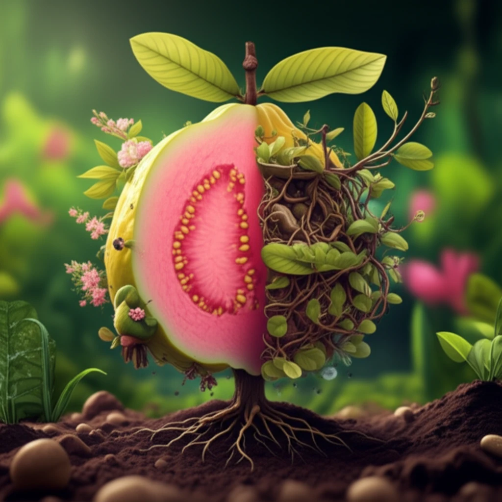 Guava fruits transforming into plants, symbolizing sustainable gardening.